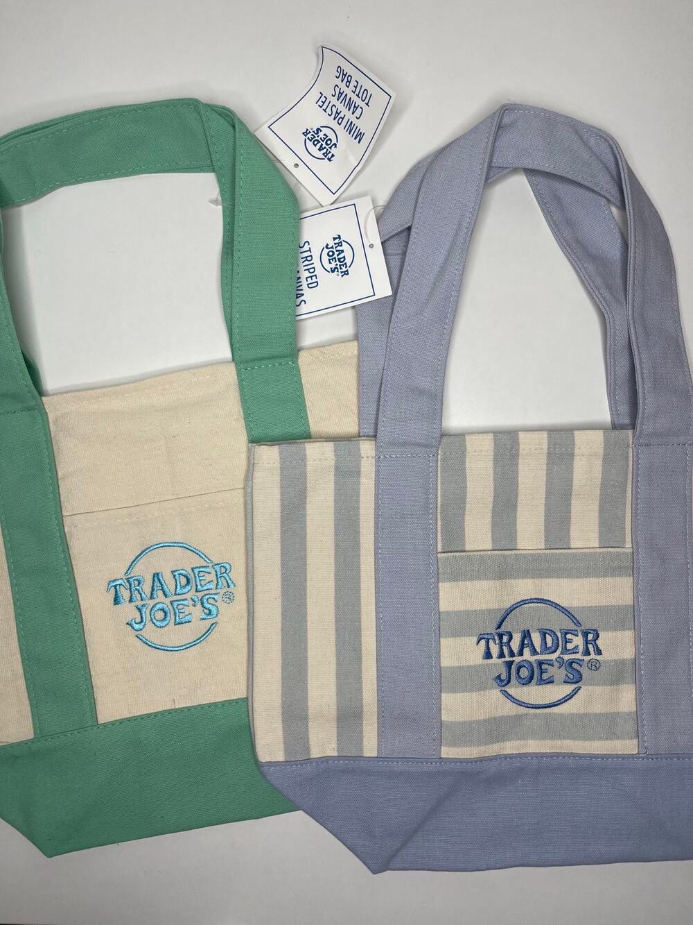 Set of 2 — Trader Joe’s Canvas MINI Tote Bag Spring — PASTEL GREEN + BLUE STRIPE